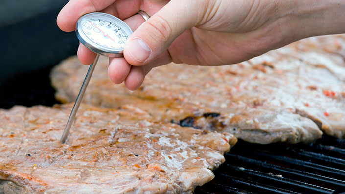 thermometer being used to measure meat temperature